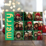 9 Photo Offset - Bold Merry - Black en Gold - Folie Feestdagen Briefkaart<br><div class="desc">FRONT DESIGN: Een collage van 9 foto's in een eenvoudig rooster om veel foto's van het afgelopen jaar te markeren. Het fotorooster is uit het midden met een dunne rand rondom de hele kaart. Een moderne look voor een vakantiefotokaart met goudkleurige accenten en "vrolijk" in een groot, standaard serif lettertype....</div>