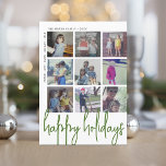 9 Photo Offset - Happy Holidays Large Script Green Feestdagenkaart<br><div class="desc">FRONT DESIGN: A collage of 9 photos in a simple grid to highlight many pic from the past year. The photo grid is off center with the family names surrounding the collage as a border. A modern look for a holiday photo card with green colored accents and "Happy Holidays" in...</div>