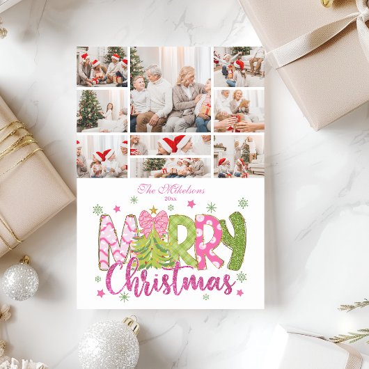 9 Photo Pink Green Bow Tree Merry Christmas Feestdagenkaart