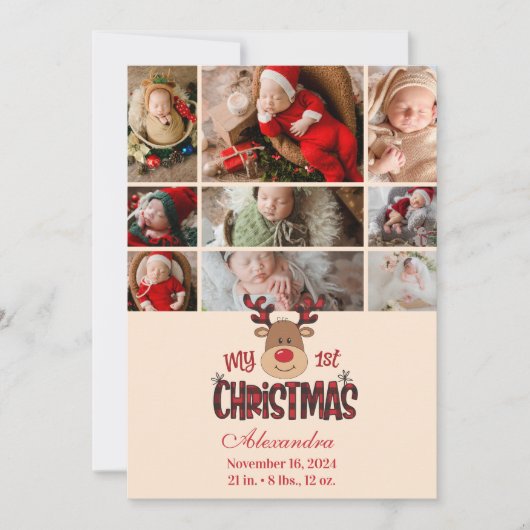 9 Photo Plaid Reindeer Baby First Christmas Feestdagenkaart (Voorkant)