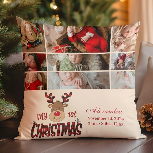 9 Photo Plaid Reindeer Baby First Christmas  Kussen