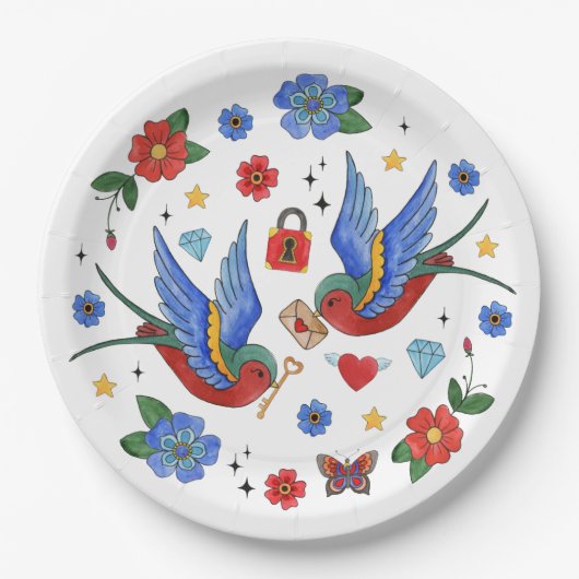 9"Rond document Bord Traditional Bird Tattoo Sparr (Voorkant)