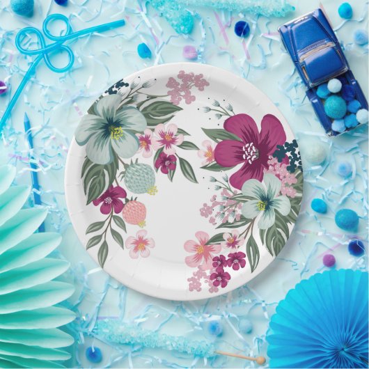9"Rond Document Bord Tropische Bloem op Wit (Feest)