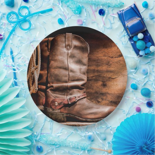 9" Rond Papier Bord Cowboy Boots Schuur Hout Rusti (Feest)