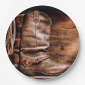 9" Rond Papier Bord Cowboy Boots Schuur Hout Rusti (Voorkant)