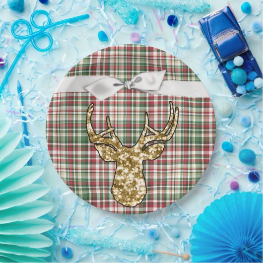 9" Rond Papier Bord Gouden Glitter Rendier Plaid (Feest)