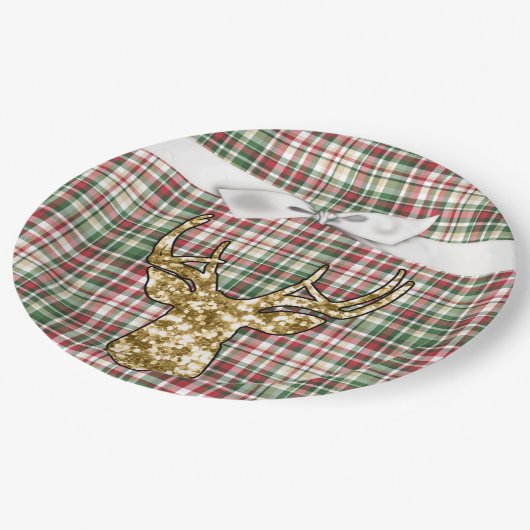 9" Rond Papier Bord Gouden Glitter Rendier Plaid (Gekanteld)