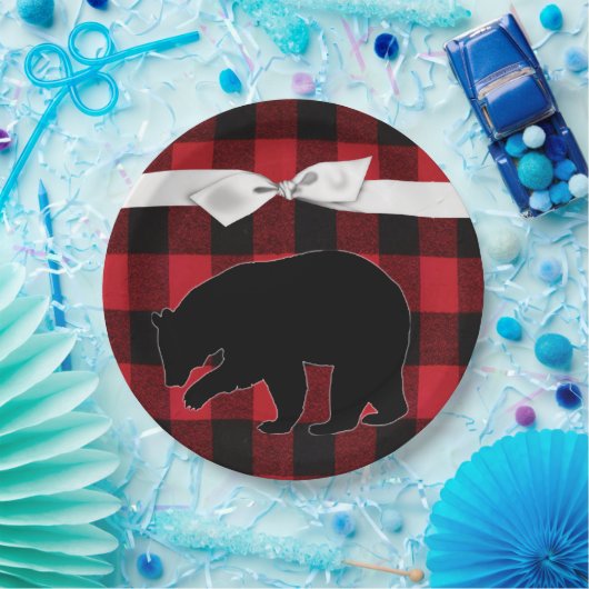 9" Rond Papier Bord Rood Buffel Plaid Beer Zwart (Feest)
