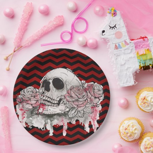 9" Ronde Papier Bord schedel Roos gothic Chevron z (Feest)