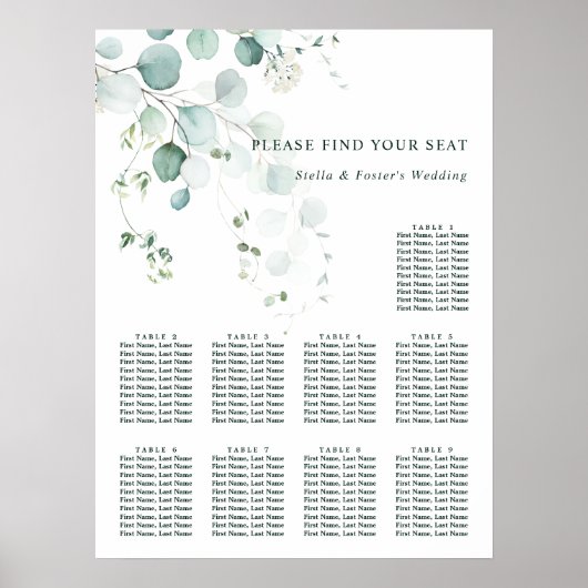 9 Tabel Elegant Green Foliage Sey Chart Poster (Voorkant)