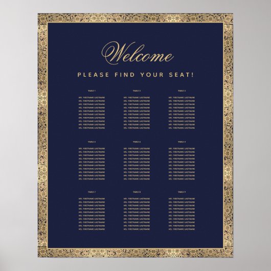 9 Tabel Elegant marineblauw gouden Rozen Poster (Voorkant)