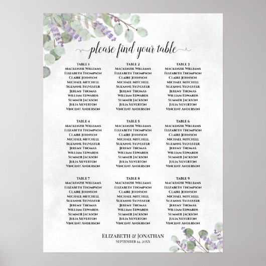 9 Tabel Lavender Eucalyptus Weddenschap Grafiek Poster (Voorkant)