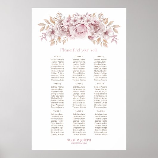 9 Tabel Roze Floral Wedding Seating Chart Poster (Voorkant)