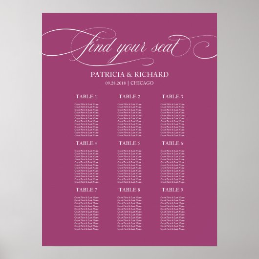 9 Tabellen Cassis Elegant Wedding Seding Chart Poster (Voorkant)