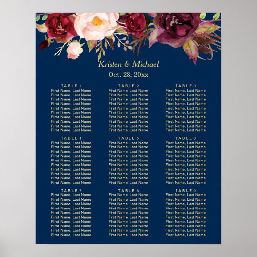 9 Tables Burgundy Floral Wedding Seding Chart Poster (Voorkant)