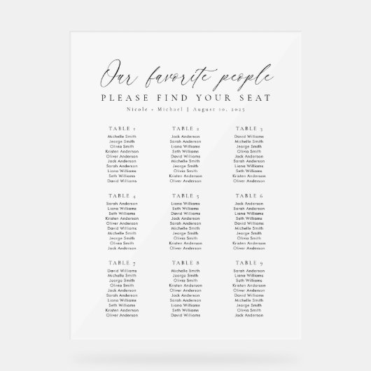 9 Tables Favorite People Acrylic Seating Chart Acryl Bord (Voorkant)