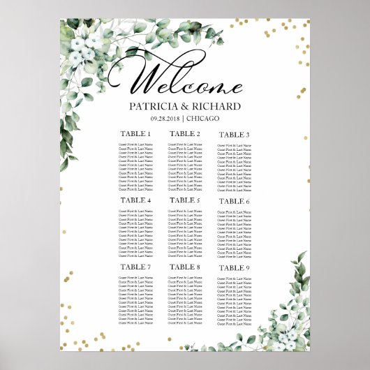 9 Tables Greenery Wedding Seating Chart Poster (Voorkant)