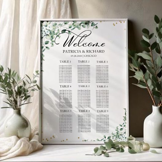 9 Tables Greenery Wedding Seating Chart Poster