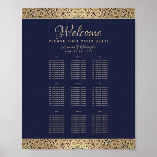 9 Tables Navy Blue Wedding Seding Chart Gold Roos Poster (Voorkant)