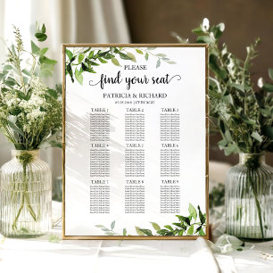 9 Tables Wedding Seating Chart Elegant Greenery Poster