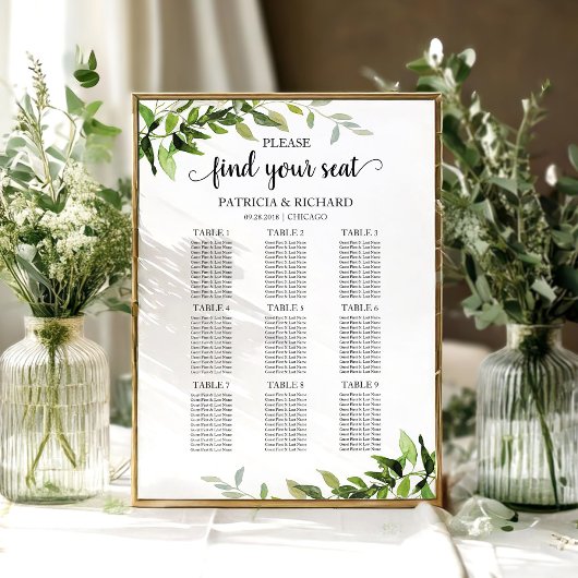 9 Tables Wedding Seating Chart Elegant Greenery Poster