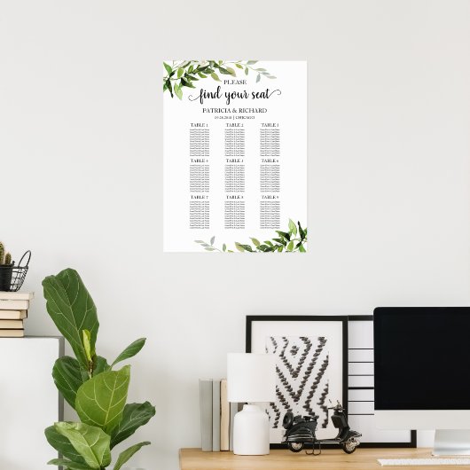 9 Tables Wedding Seating Chart Elegant Greenery Poster (Thuiskantoor)