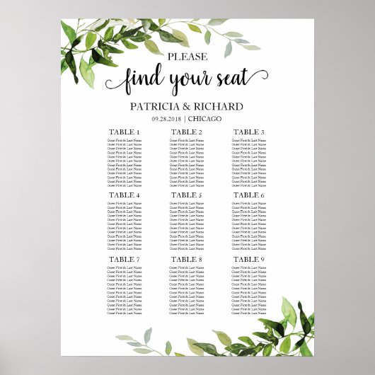 9 Tables Wedding Seating Chart Elegant Greenery Poster (Voorkant)