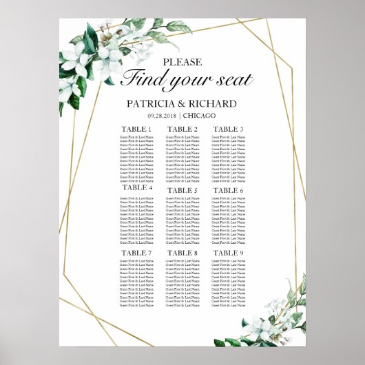9 Tables Wedding Seating Chart Greenery Geometric Poster (Voorkant)