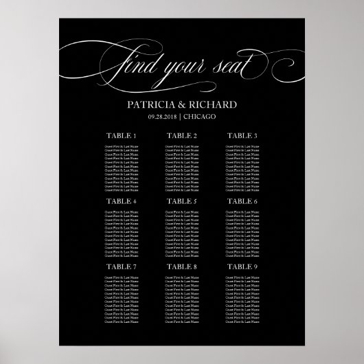 9 Tables Wedding Seding Chart Board Black Poster (Voorkant)