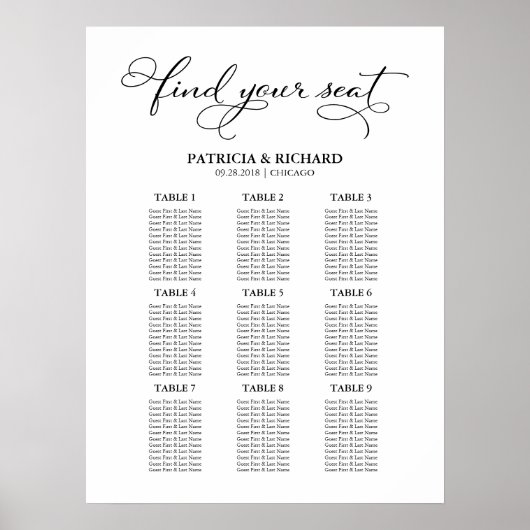 9 Tables Wedding Seding Chart Board Elegant Poster (Voorkant)