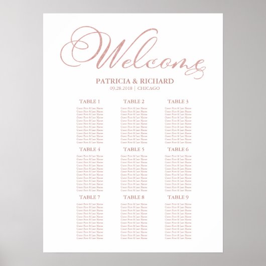 9 Tables Wedding Seding Chart Board Simple Poster (Voorkant)