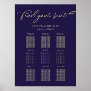9 Tables Wedding Seding Chart Chic Gold Navy Blue Poster