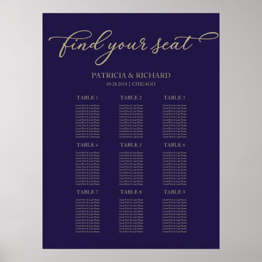 9 Tables Wedding Seding Chart Chic Gold Navy Blue Poster (Voorkant)