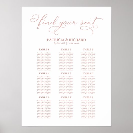9 Tables Wedding Seding Chart Elegant Poster (Voorkant)