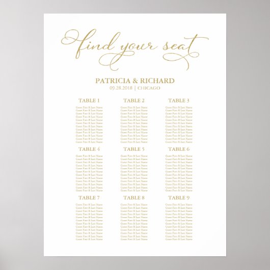 9 Tables Wedding Seding Chart Gold Foil Poster (Voorkant)