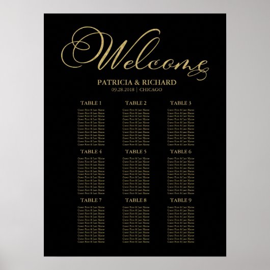 9 Tables Wedding Seding Chart Gold Foil Poster (Voorkant)