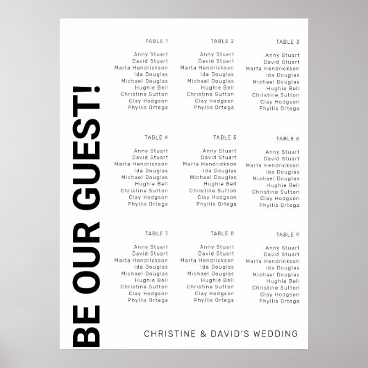 9 tafel Eenvoudige Witte Trouw zitplaatsindeling Poster (Voorkant)