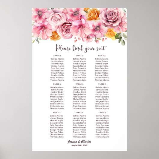 9 Tafel Elegant Roze Bloemen Bruiloft Zittafel Gra Poster (Voorkant)