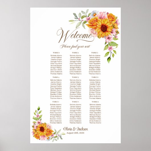 9 Tafel Geel Roze Bloemen Bruiloft Zitkaarten Poster (Voorkant)