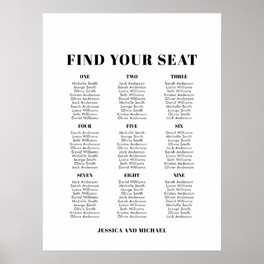 9 tafel grote bruiloft gast zitgrafiek poster (Voorkant)