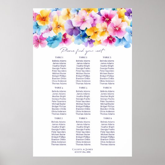 9 Tafel Kleurrijke Bloemen Trouwstoel Grafiek Poster (Voorkant)