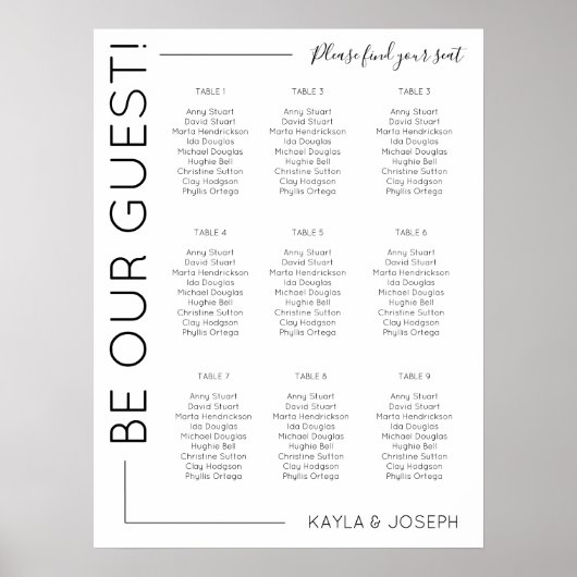9 tafel Minimalistische trouwstoelindeling sjabloo Poster (Voorkant)