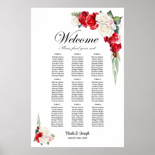 9 Tafel Rood Wit Rose Bloemen Zitting Grafiek Poster (Voorkant)