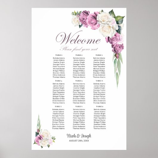 9 Tafel Roze Witte Roos Bloemen Zitting Grafiek Poster (Voorkant)