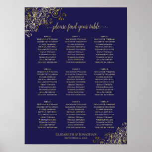 9 Tafelbruiloft Grafiek Navy Blue Lacy Gold Poster