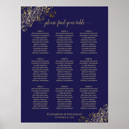 9 Tafelbruiloft Grafiek Navy Blue Lacy Gold Poster (Voorkant)