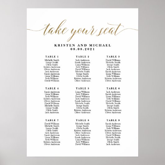 9 Tafels 90 Gasten nemen uw zitplaatskaart Poster (Voorkant)