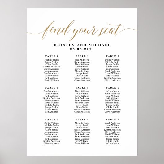 9 Tafels 90 Gasten Vind uw zitplaatskaart Poster (Voorkant)