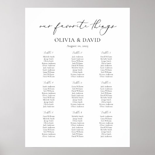 9 Tafels Eenvoudig Onze Favoriete Dingen Zitschema Poster (Voorkant)