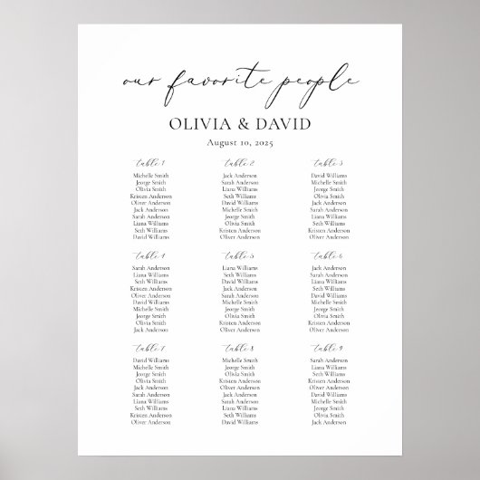 9 Tafels Eenvoudig Onze Favoriete Mensen Zittingsg Poster (Voorkant)